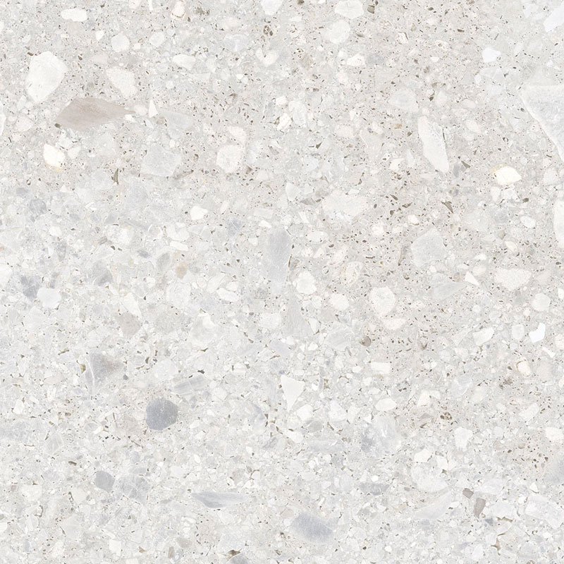 Detalj mat površine Ceppo Di Gres White Terazzo 60x60cm KAI – bela osnova sa teraco mineralnim fragmentima u kamenom dezenu