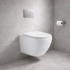 Detalj Nica White konzolne WC šolje Wolz sa WC daskom – bela sjaj završna obrada i čiste geometrijske linije modernog dizajna